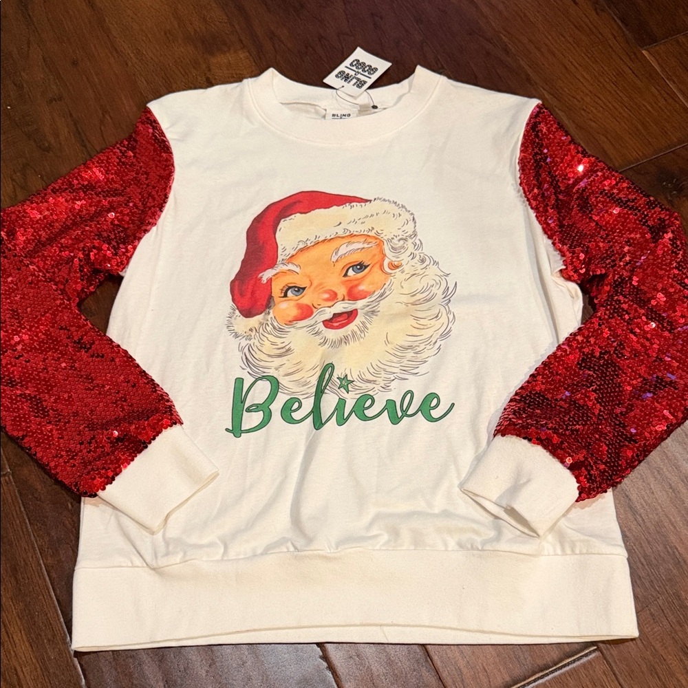 Festive Santa Long Sleeve Tee with Red Sequin Sleeves